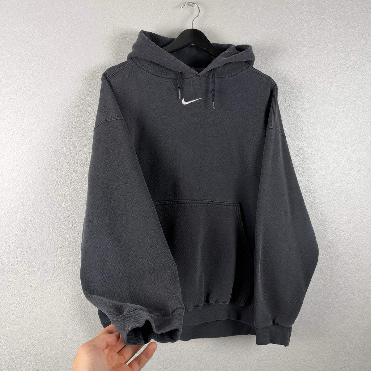 90s Faded Black Nike Center Swoosh Hoodie - L