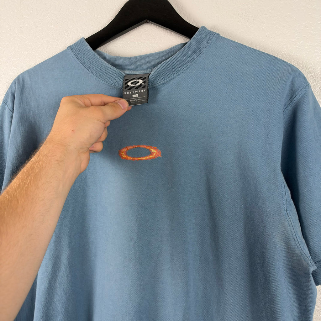 90s Baby Blue Oakley Software Mad Scientist Flame Tshirt - M/L