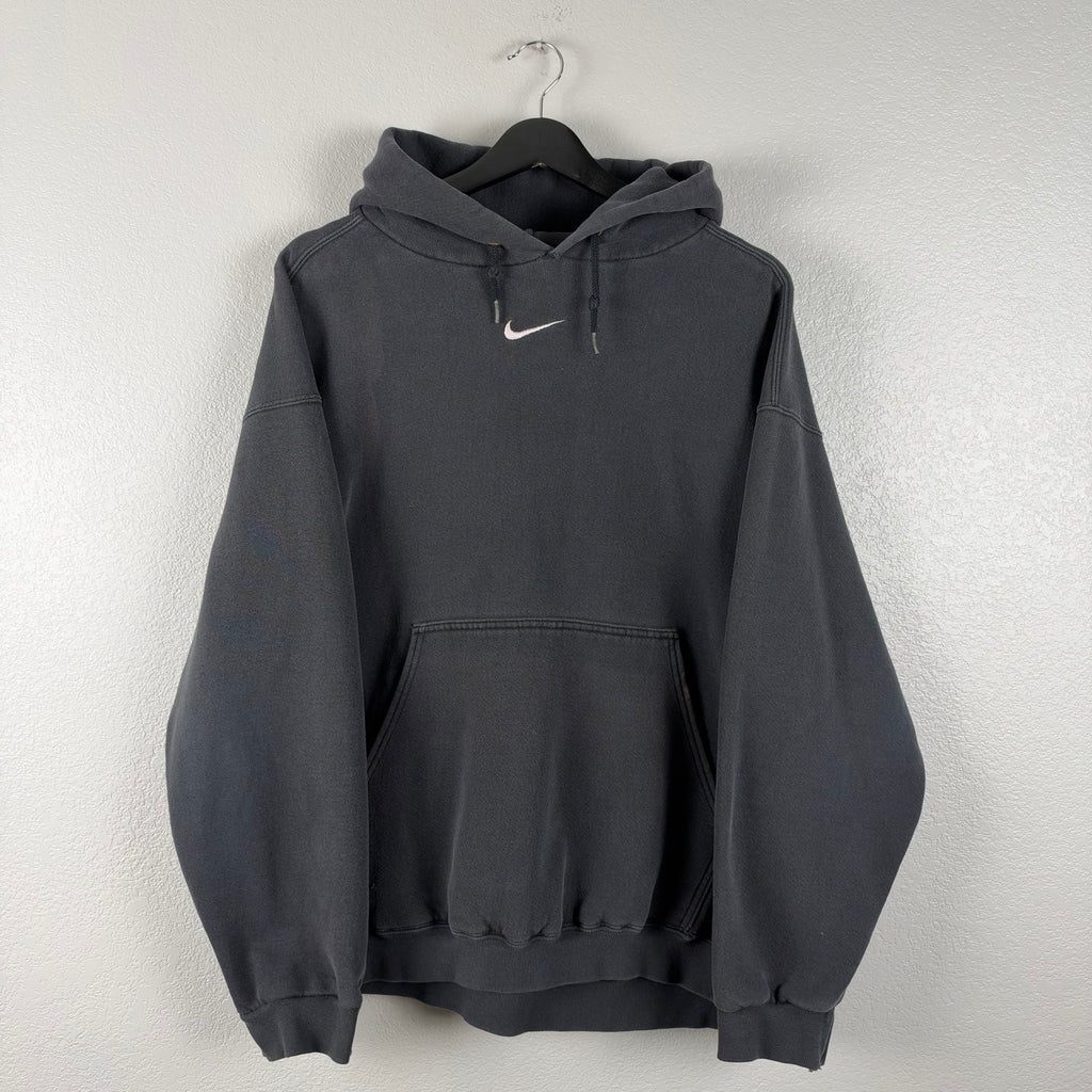 90s Faded Black Nike Center Swoosh Hoodie - L