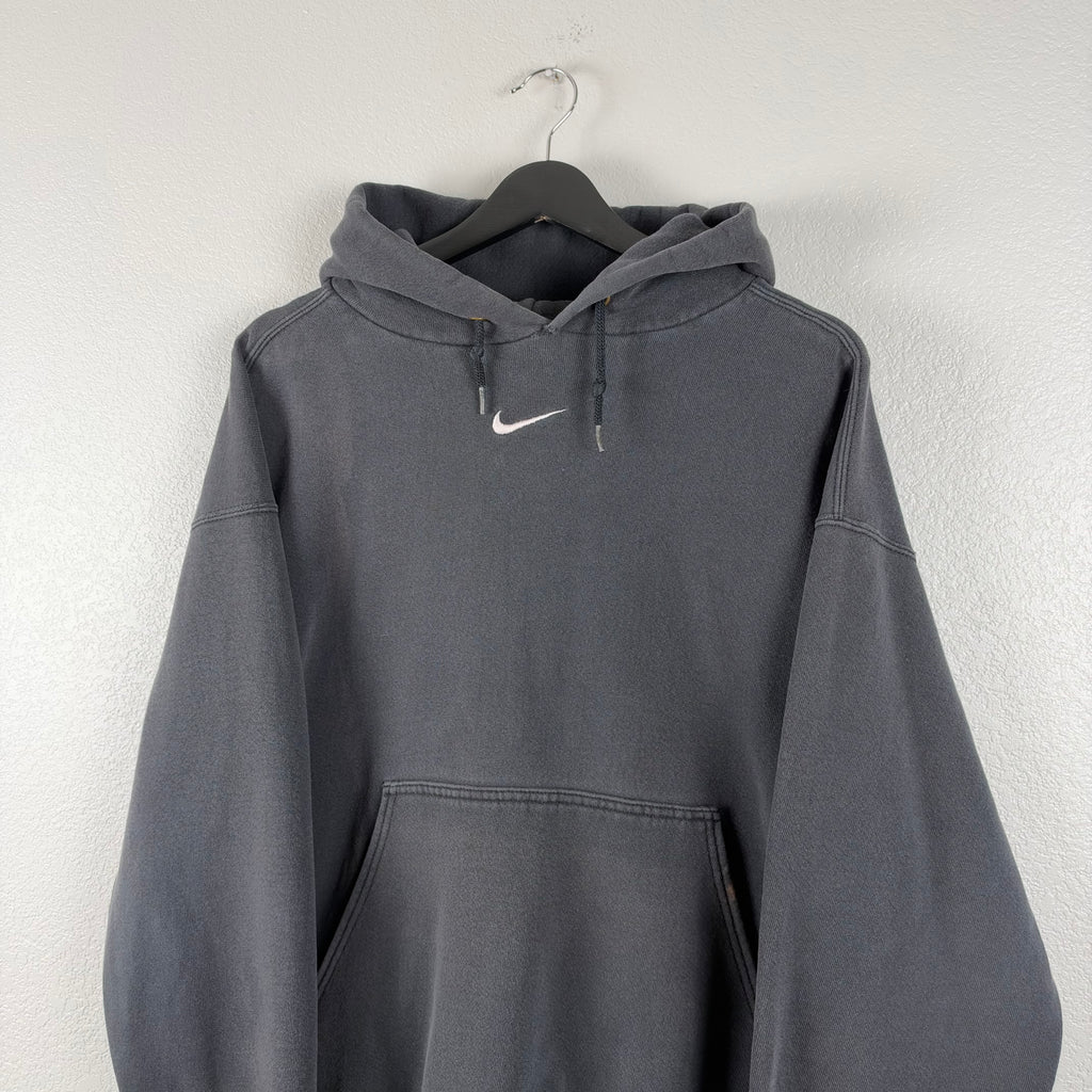 90s Faded Black Nike Center Swoosh Hoodie - L