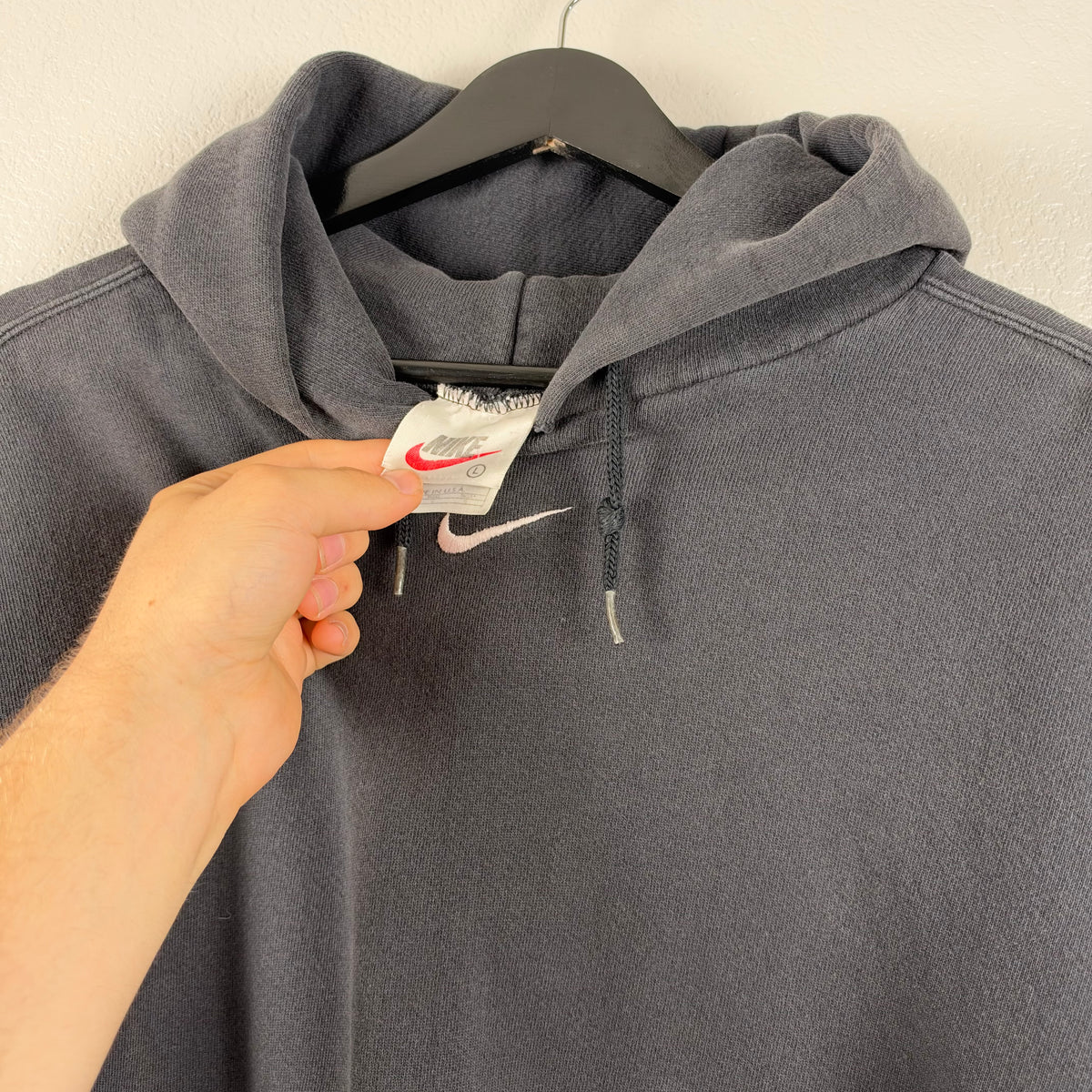 90s Faded Black Nike Center Swoosh Hoodie - L